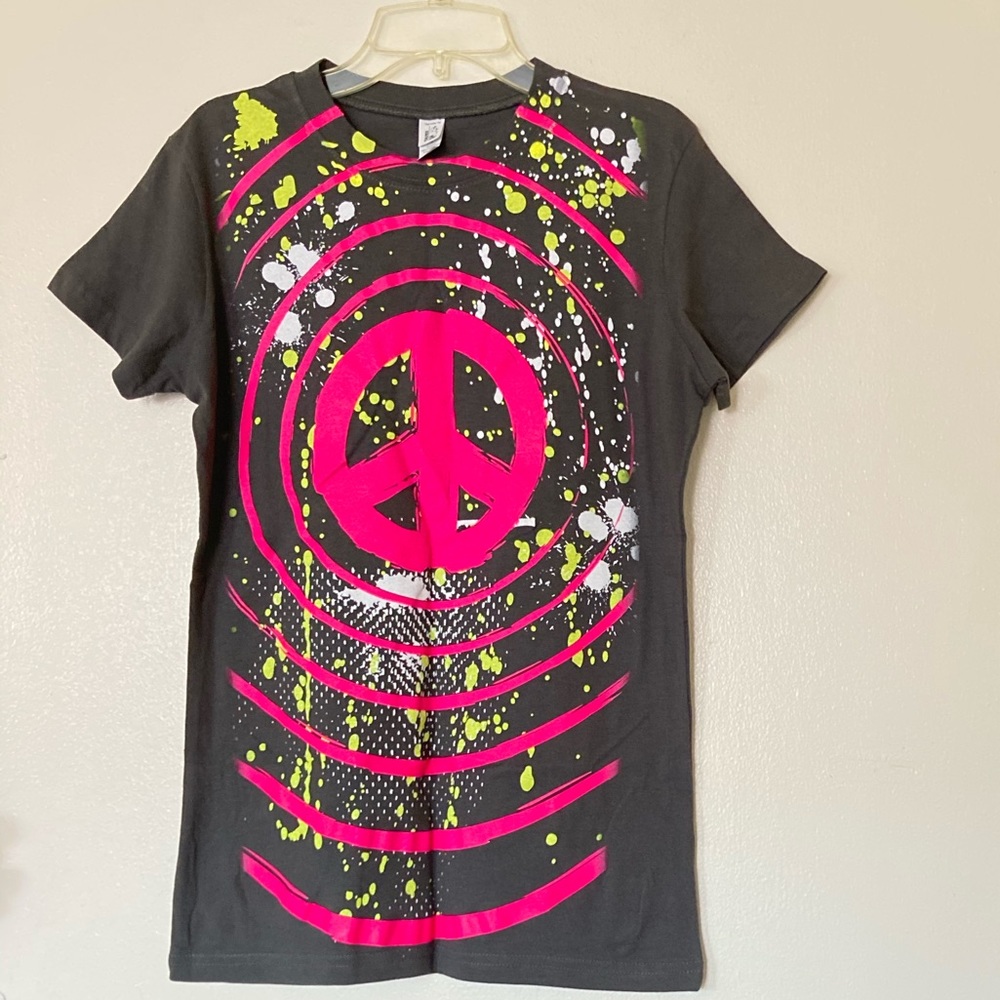 *BRAND NEW* Arizona Jean Company Gray & Hot Pink Neon Green Peace Sign Tee Shirt